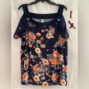 COPY - LADIES NAVY BLUE TOP WITH ORANGE & LT BLUE FLOWERS